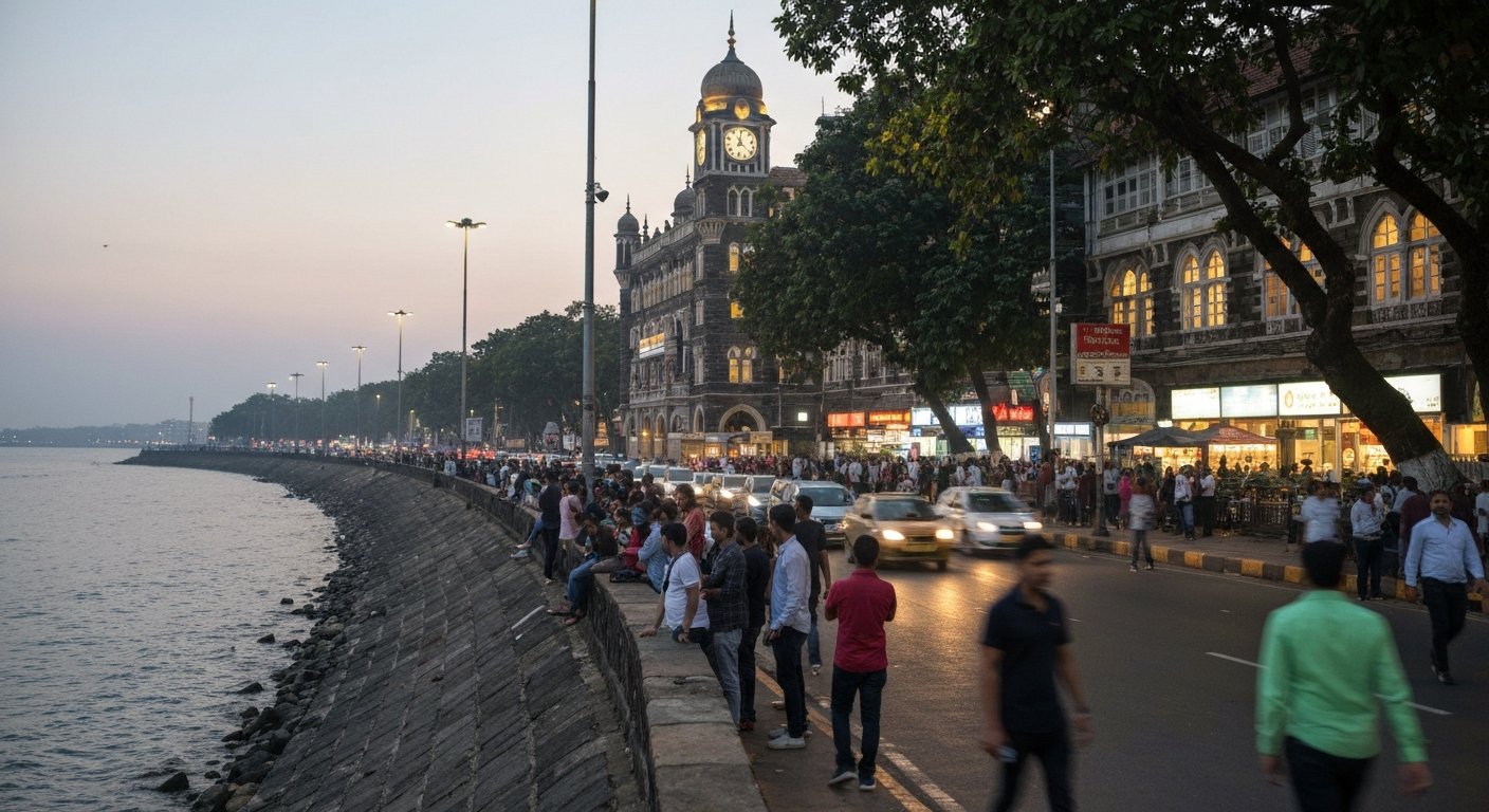 fans gathered outside Shah Rukh Khan’s Mannat on Bandstand at dusk, sea wall and evening traffic in frame
