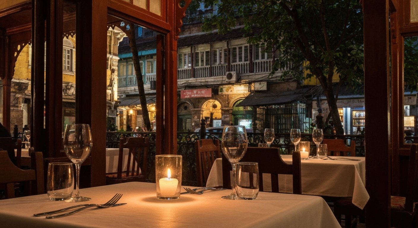 a candle-lit table inside Pali Village Cafe on Pali Mala Road, heritage bungalow walls and wine glasses glowing softly