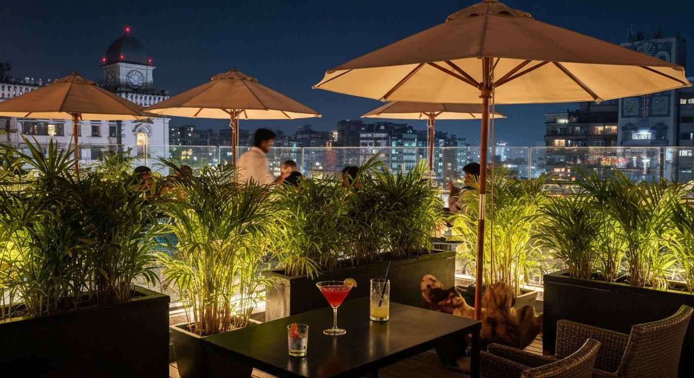 Bonobo rooftop terrace off Linking Road at night, dense greenery, mushroom-shaped umbrellas and cocktail glasses in low light
