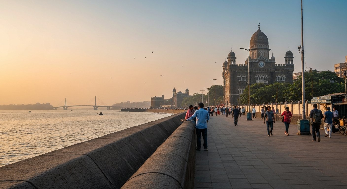 Bandstand Promenade at sunset, pedestrians on the sea wall with Bandra Fort and the Bandra-Worli Sea Link visible in the distance
