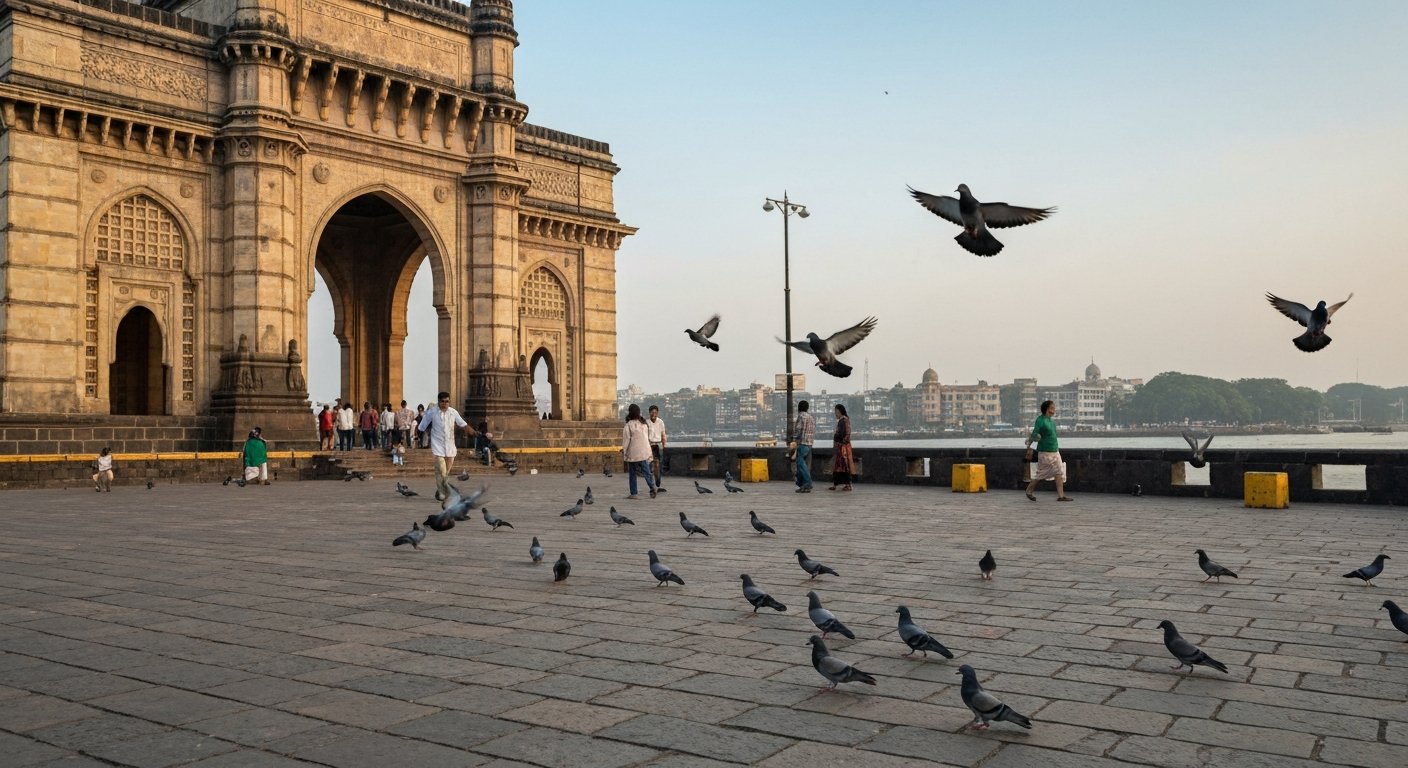 the Gateway of India at Apollo Bunder in early morning light, harbour water behind the yellow basalt arch and pigeons lifting from the paving