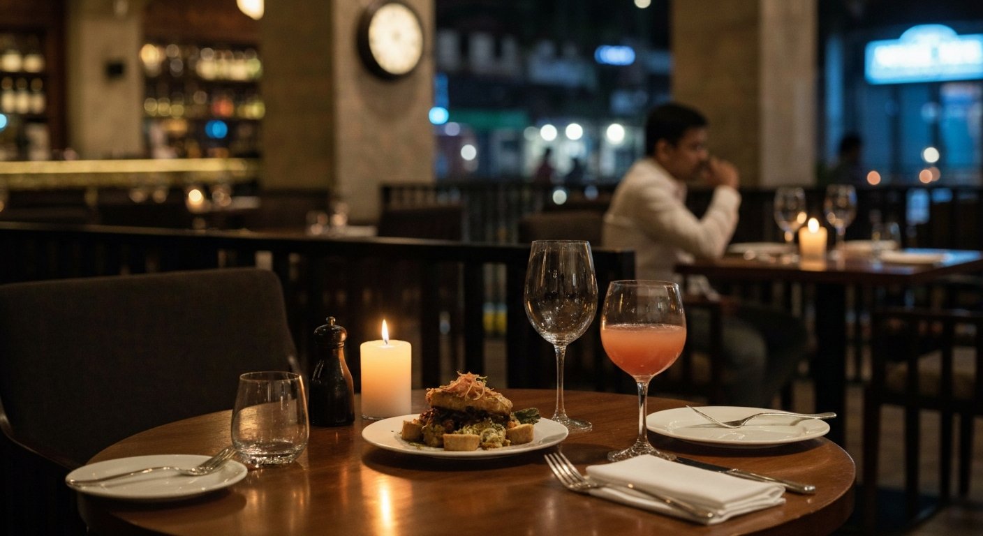 a candlelit table setting at The Table near Apollo Bunder, seasonal small plates and cocktails on a polished two-level restaurant interior