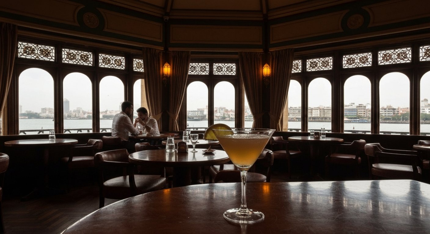 the low-lit Art Deco interior of Harbour Bar inside the Taj Mahal Palace, a cocktail glass in the foreground and harbour views through the windows