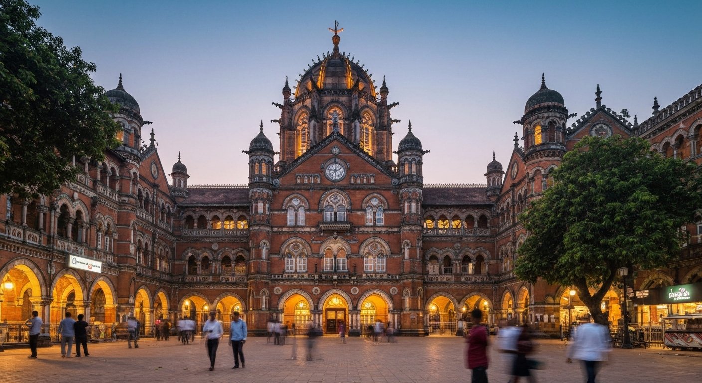 Chhatrapati Shivaji Maharaj Terminus facade at dawn, turrets and stained glass glowing above the station forecourt