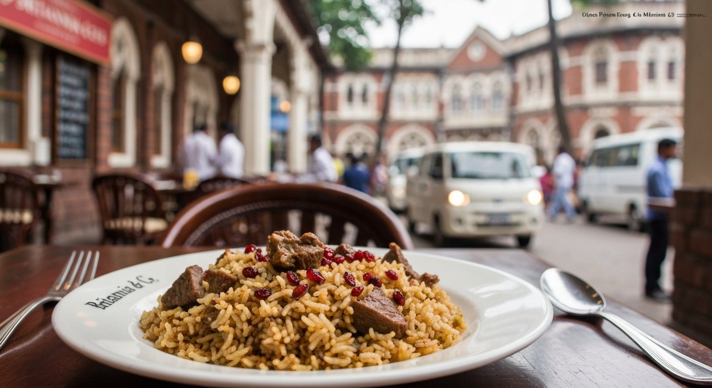 a plate of Britannia & Co berry pulao with mutton and barberries, served in the old Ballard Estate dining room under soft lunch light