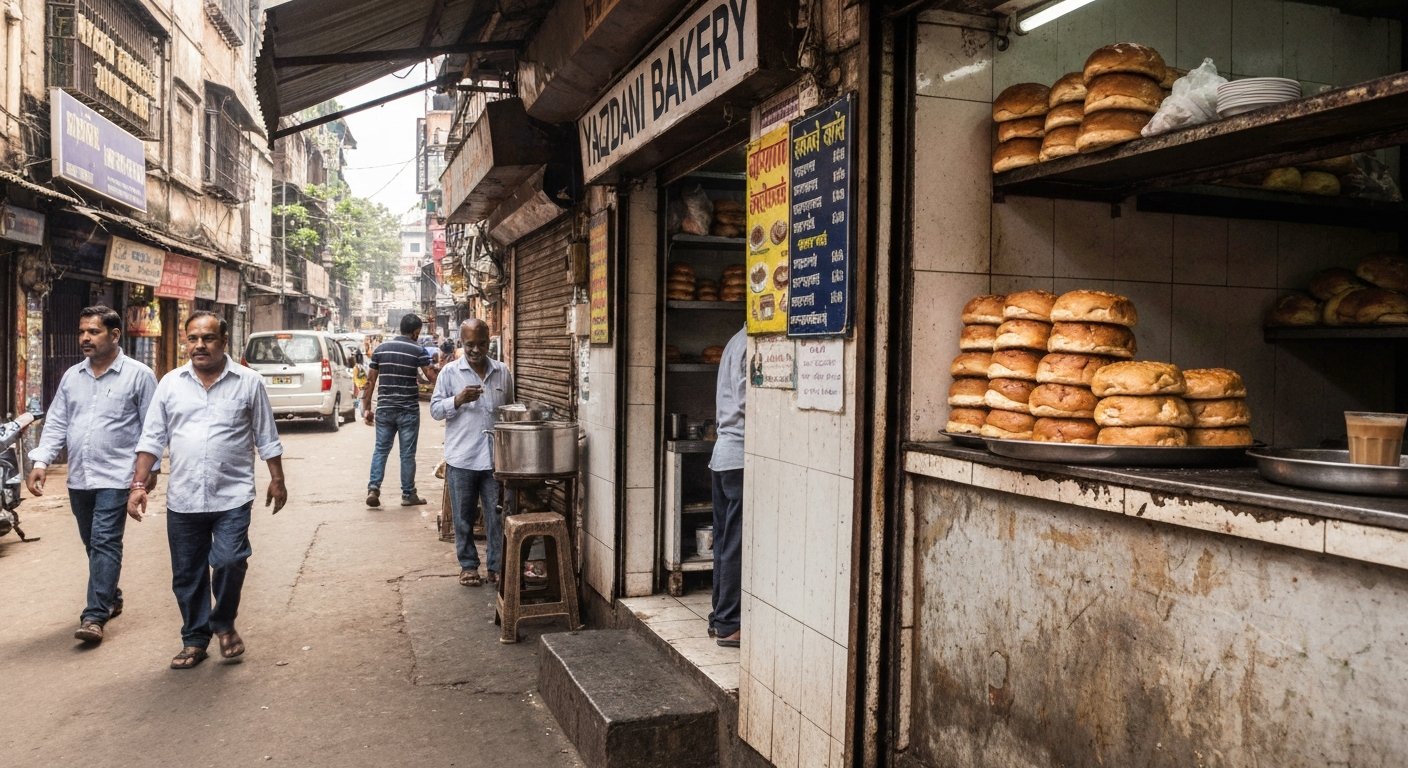 brun maska and tea at Yazdani Bakery, the wood-oven Irani bakery with stacked buns and a worn counter in morning light