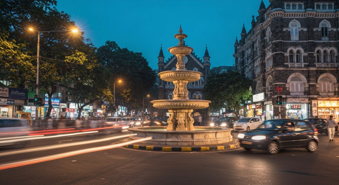 Flora Fountain at Hutatma Chowk after dark, floodlit Portland stone at the five-way junction with traffic blurred around it