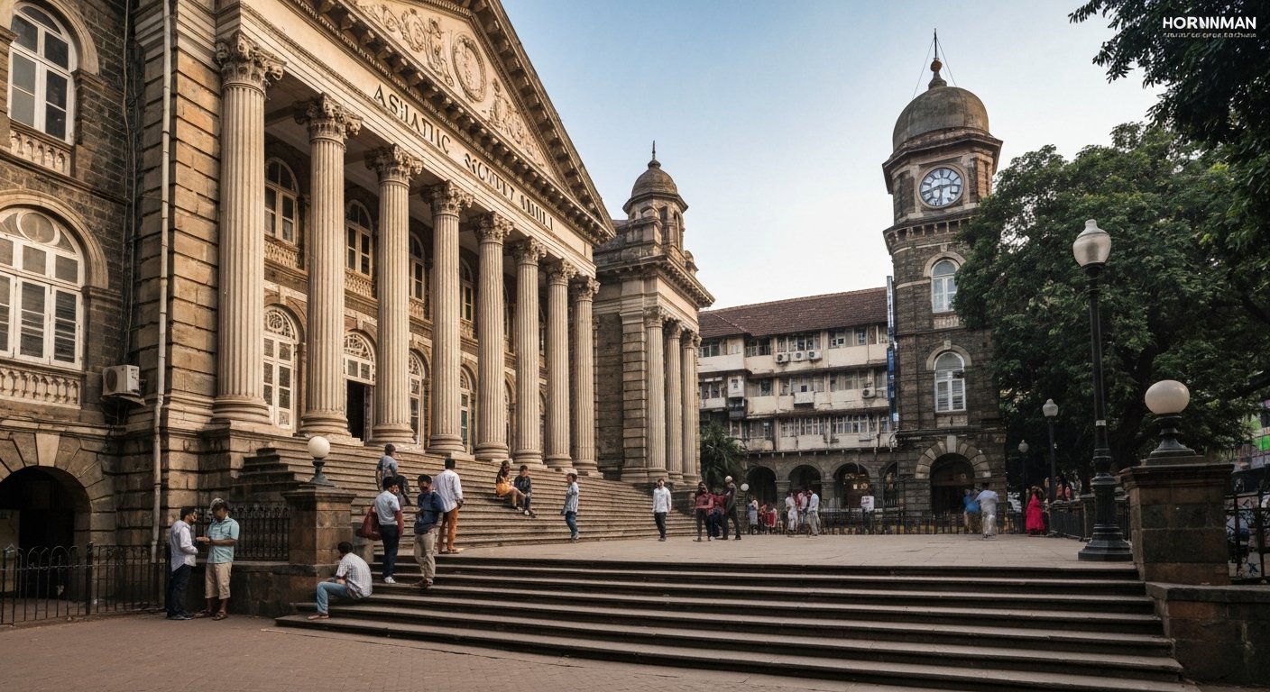 the Asiatic Society of Mumbai at Town Hall, with its thirty Doric-columned steps rising above Horniman Circle in late afternoon