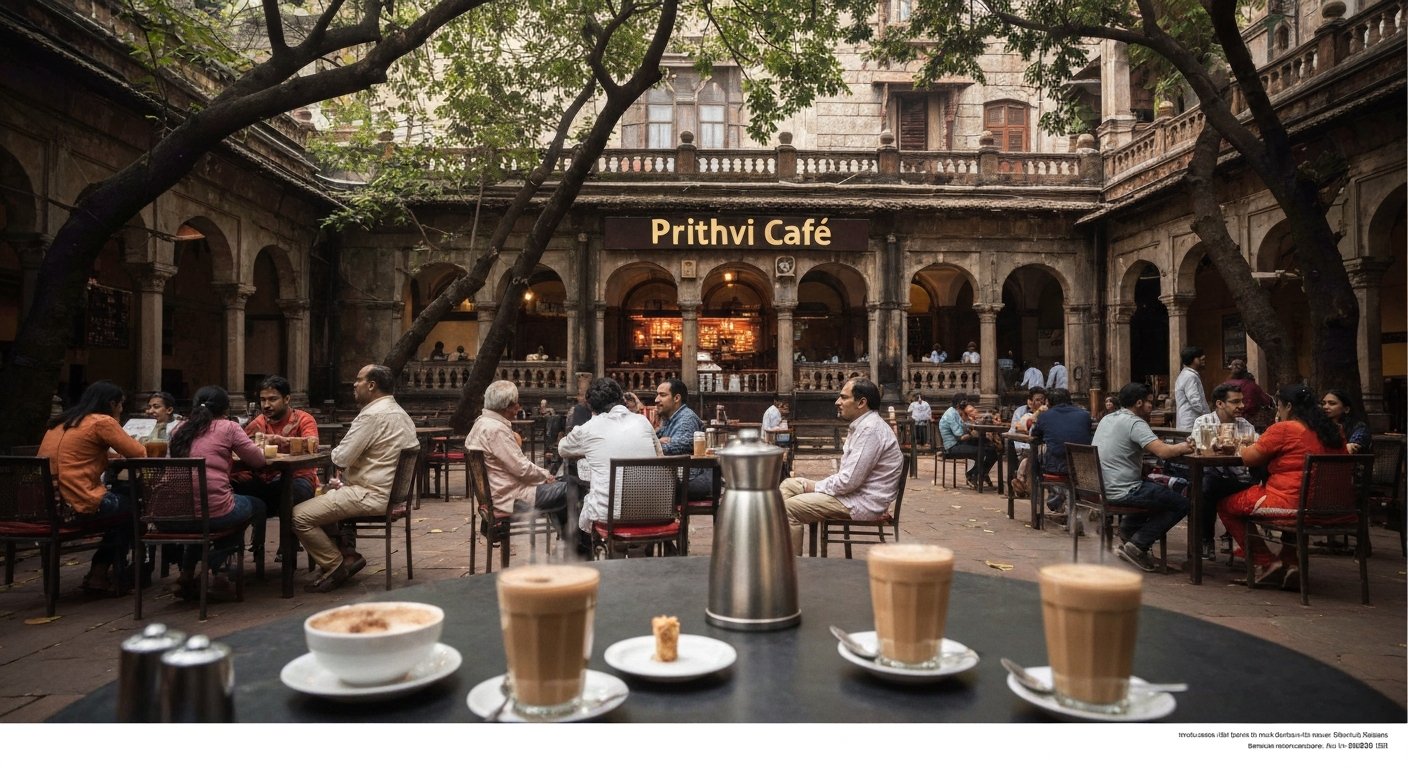 Prithvi Cafe in the Janki Kutir courtyard with trees overhead, steaming chai glasses and a relaxed open-air theatre crowd