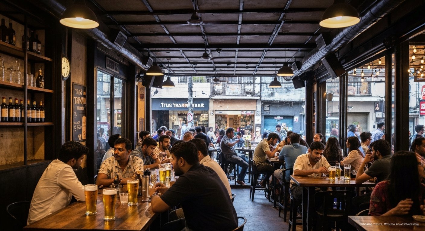 the lively interior of True Tramm Trunk on VL Mehta Road, with craft beer glasses, live-music lights and a packed early-evening crowd