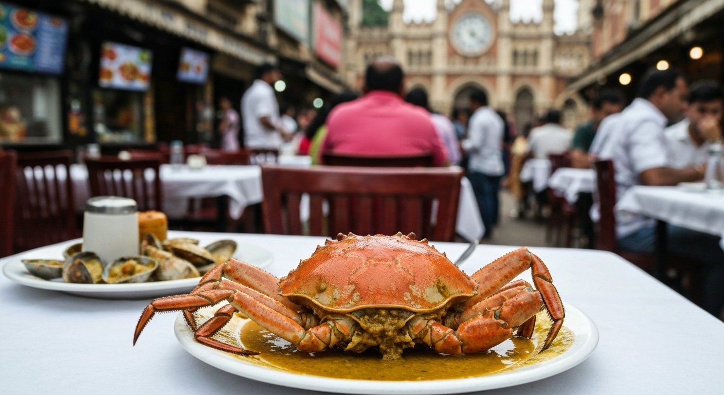 a butter-garlic crab at Trishna on Sai Baba Marg, glossy shell and pooled sauce on a white table in a packed seafood room