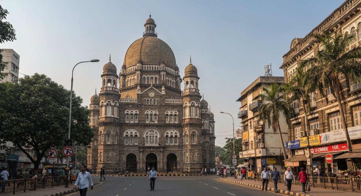 the domed facade of Chhatrapati Shivaji Maharaj Vastu Sangrahalaya on MG Road, seen from street level in bright late-morning light