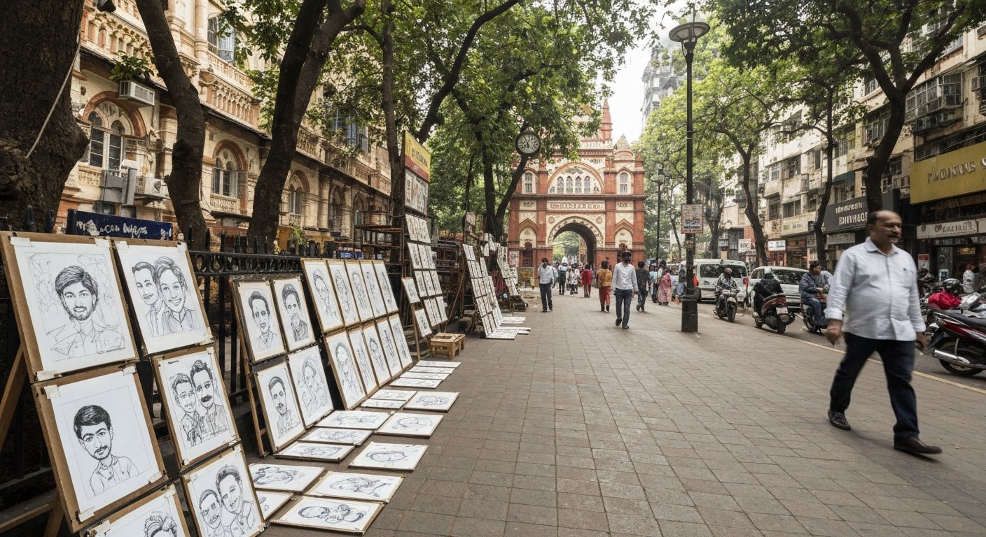 the outdoor pavement art market outside Jehangir Art Gallery, with caricature sketches and watercolours displayed along the sidewalk in afternoon shade