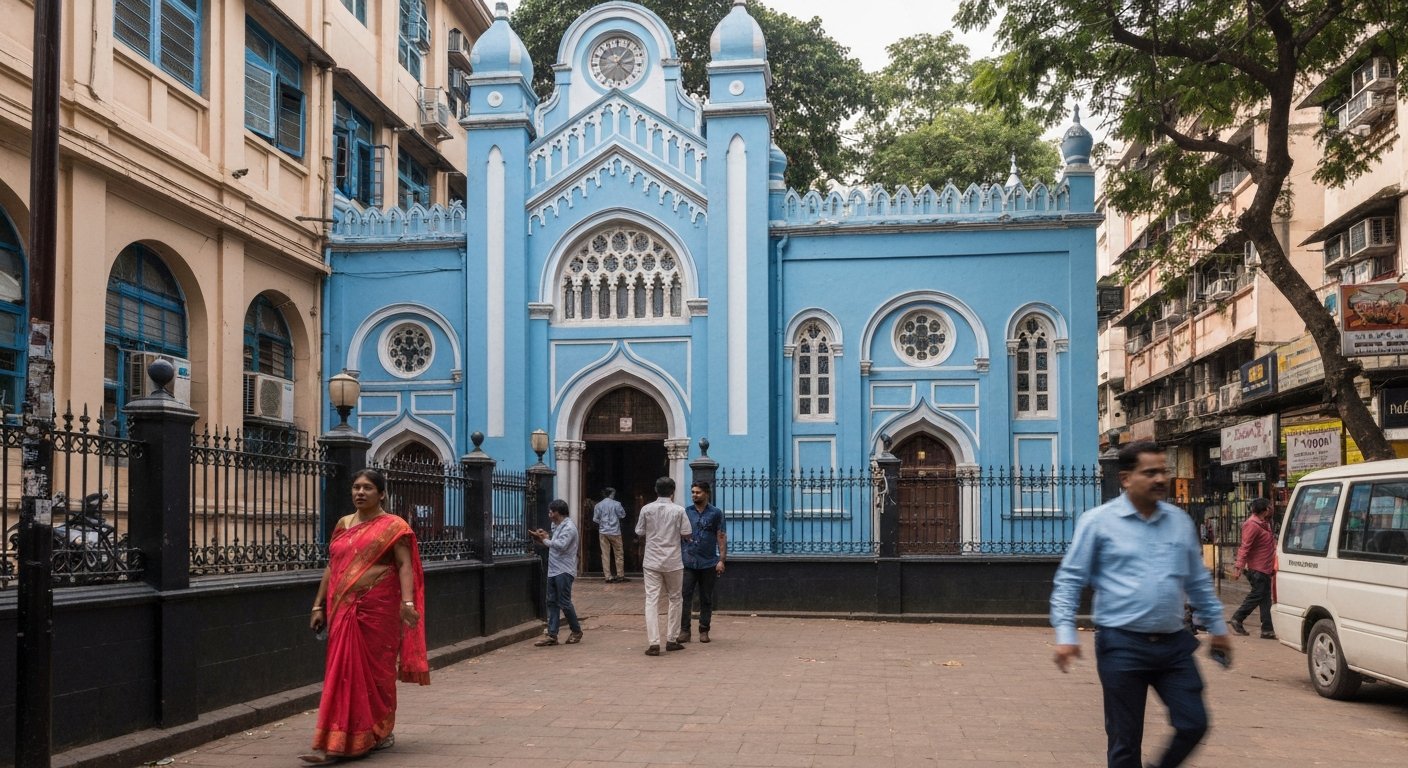 the blue-and-white Knesset Eliyahoo Synagogue on Dr V.B. Gandhi Marg, its restored facade bright under clear daylight