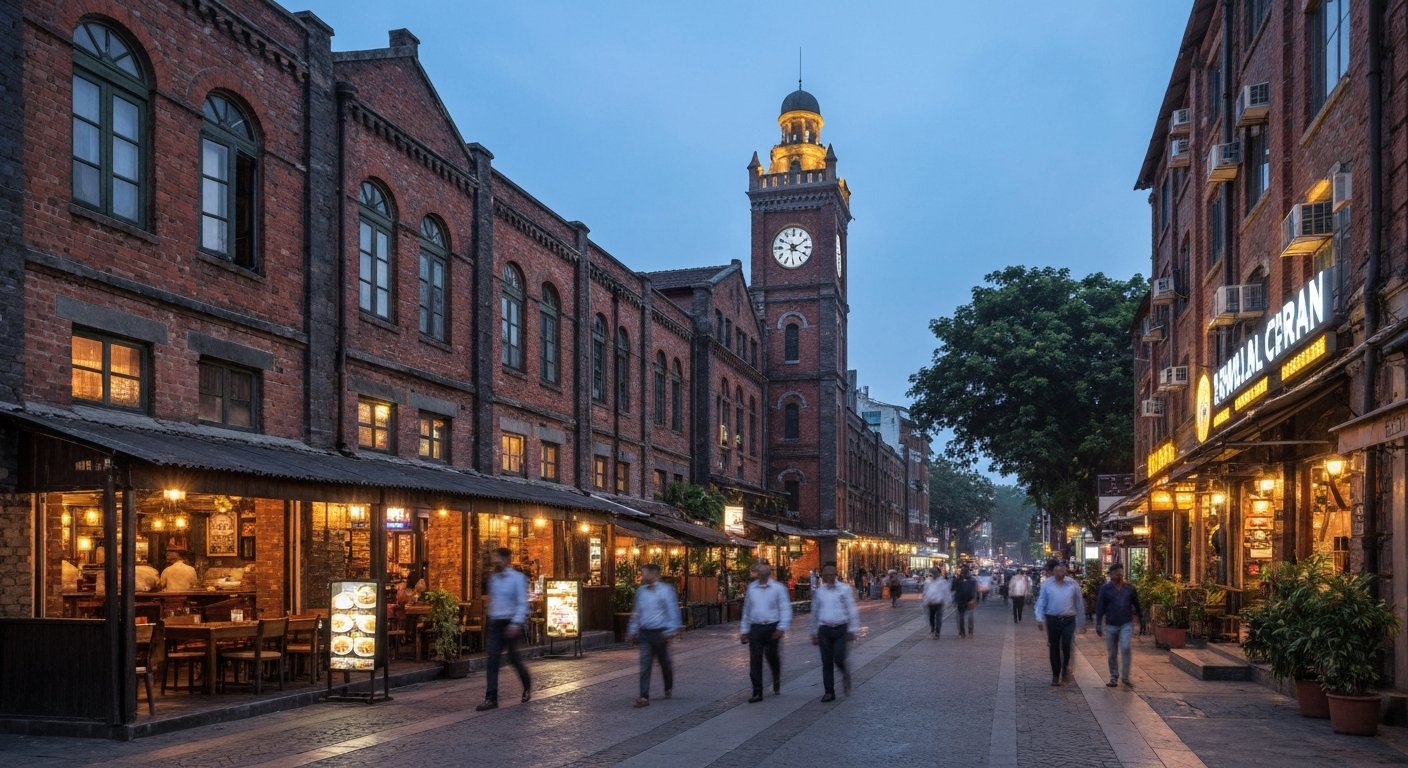 Kamala Mills at dusk with exposed brick, lit restaurant fronts and office workers crossing between the converted mill buildings