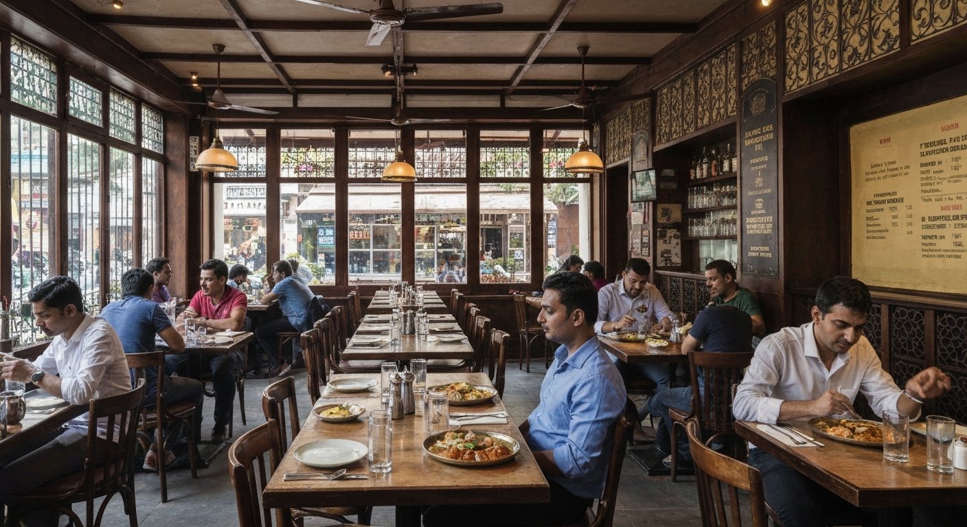 the dining room at The Bombay Canteen in Kamala Mills, warm light over regional Indian plates and a lively, full house