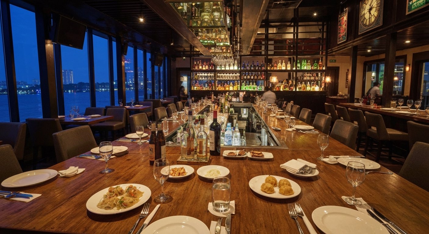Koko’s 125-foot island bar in Trade World, with glowing bottles, dim sum plates and the room shifting from dinner to late-night energy