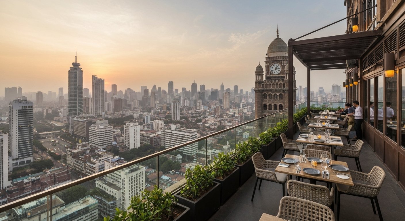 Asilo on the 40th floor of the St. Regis Mumbai at sunset, open-to-sky tables and the Mumbai skyline falling away below