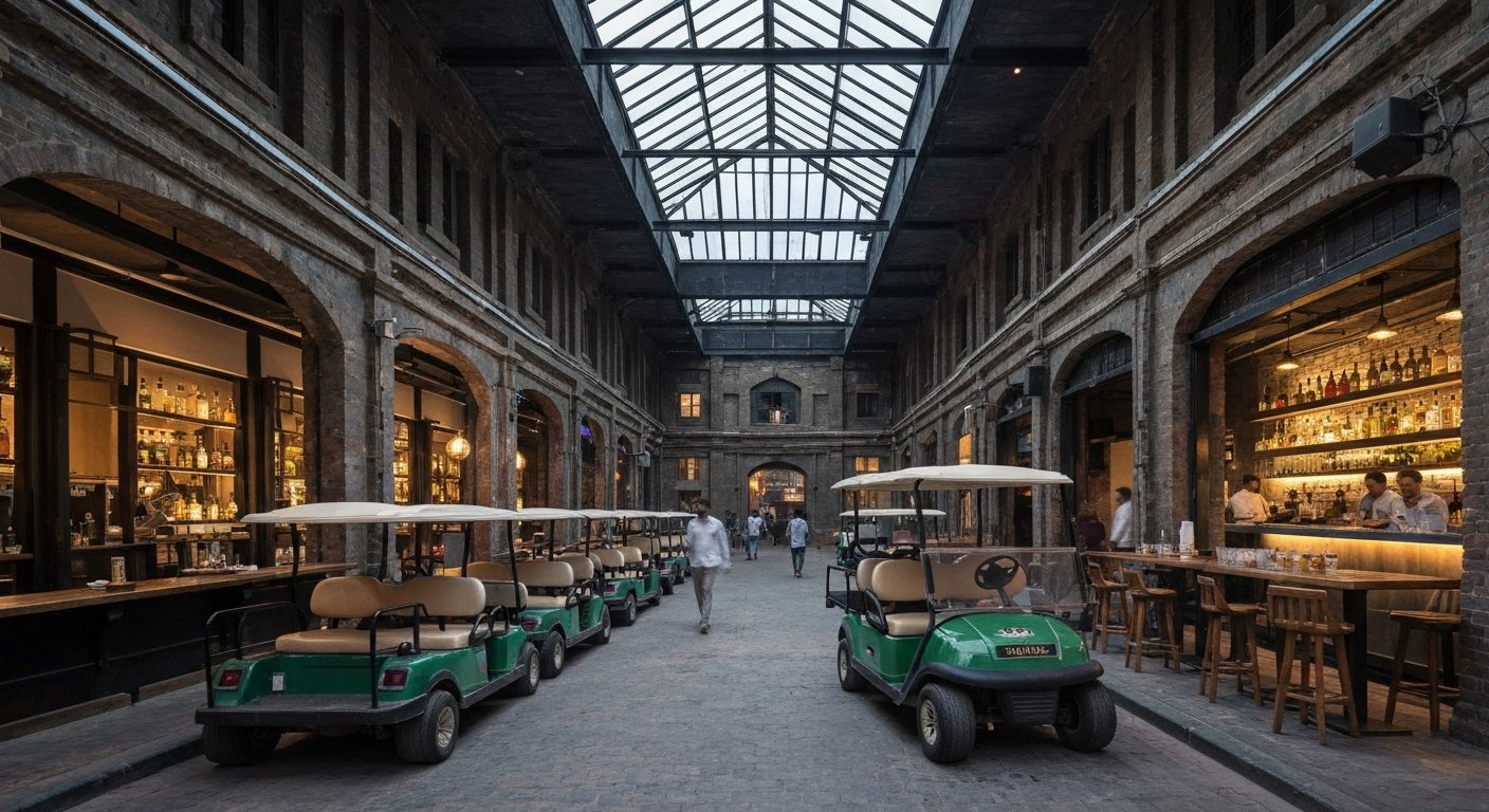 Late Checkout in Todi Mills, a former warehouse with a skylight, golf cart arrival and cocktail bar details in moody evening light